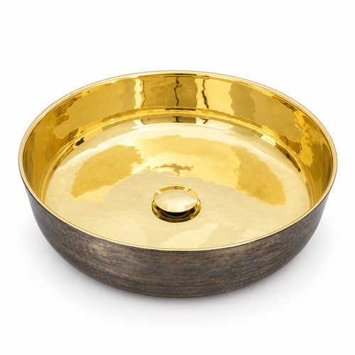 Round vessel sink with polished brass interior and bronze exterior on a white background