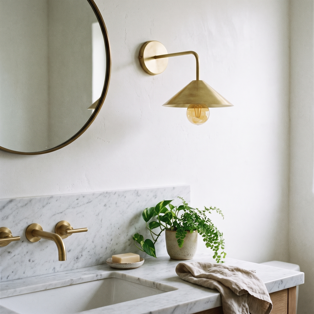Brushed brass angled arm cone sconce beside a round mirror above a marble vanity