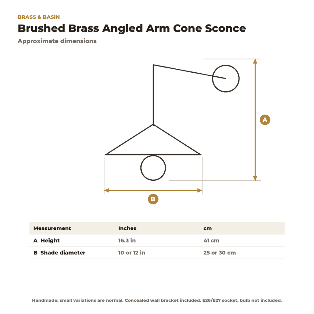Dimension card for the brushed brass angled arm sconce, 16.3 in tall, 10 or 12 in shade