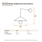 Dimension card for the brushed brass angled arm sconce, 16.3 in tall, 10 or 12 in shade