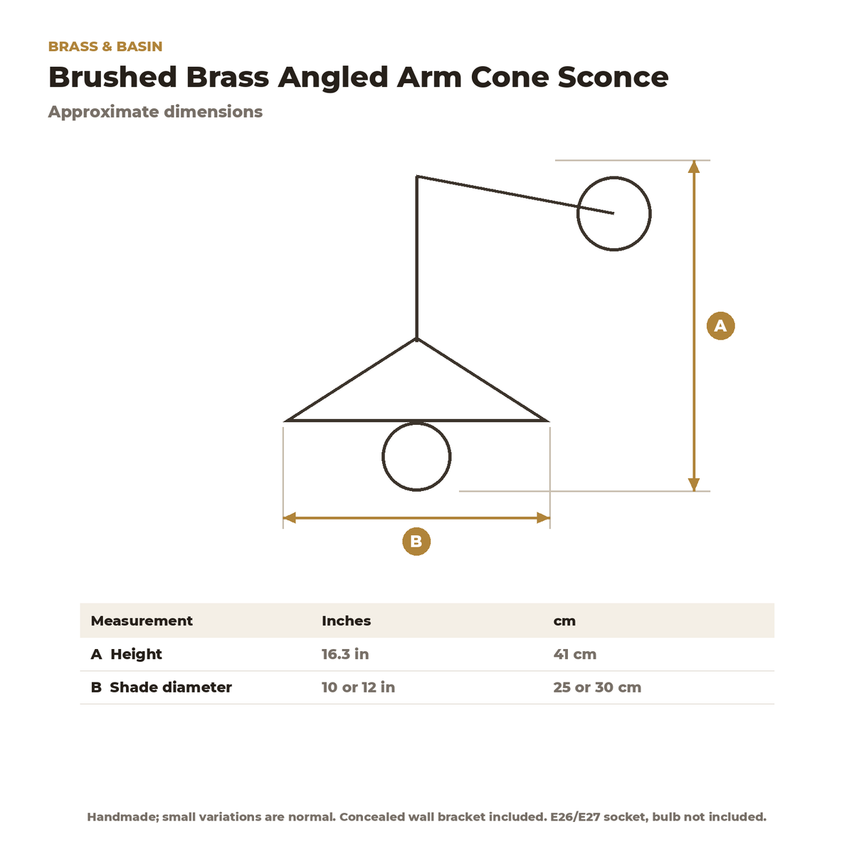 Dimension card for the brushed brass angled arm sconce, 16.3 in tall, 10 or 12 in shade