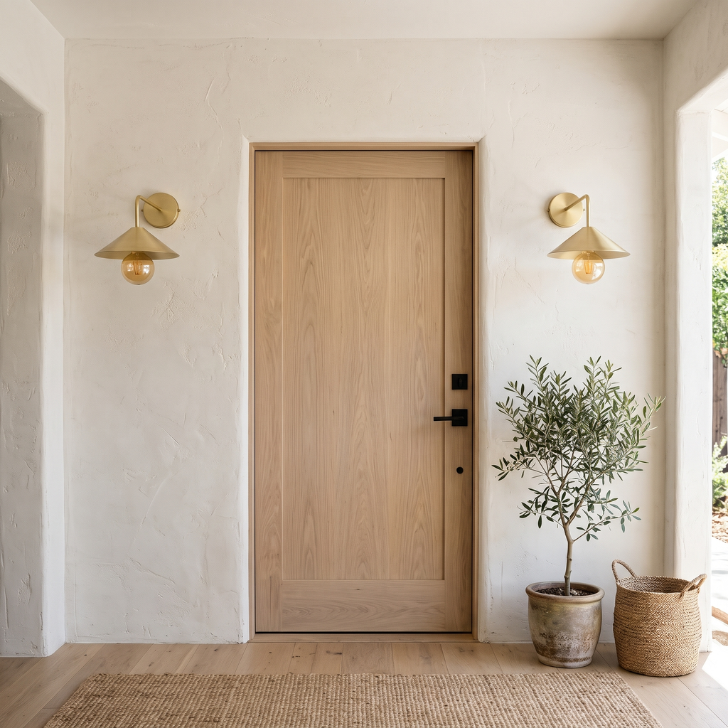 Pair of brushed brass angled arm cone sconces either side of a white oak front door