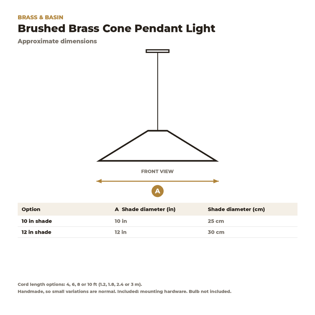 Dimension card for the brushed brass cone pendant light, 10 or 12 in shade