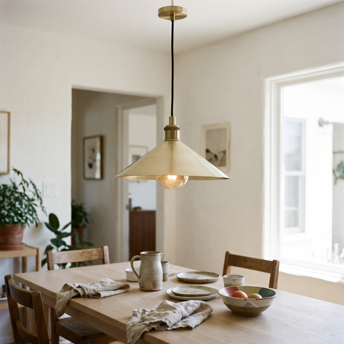 Brushed brass cone pendant light hanging over a white oak dining table