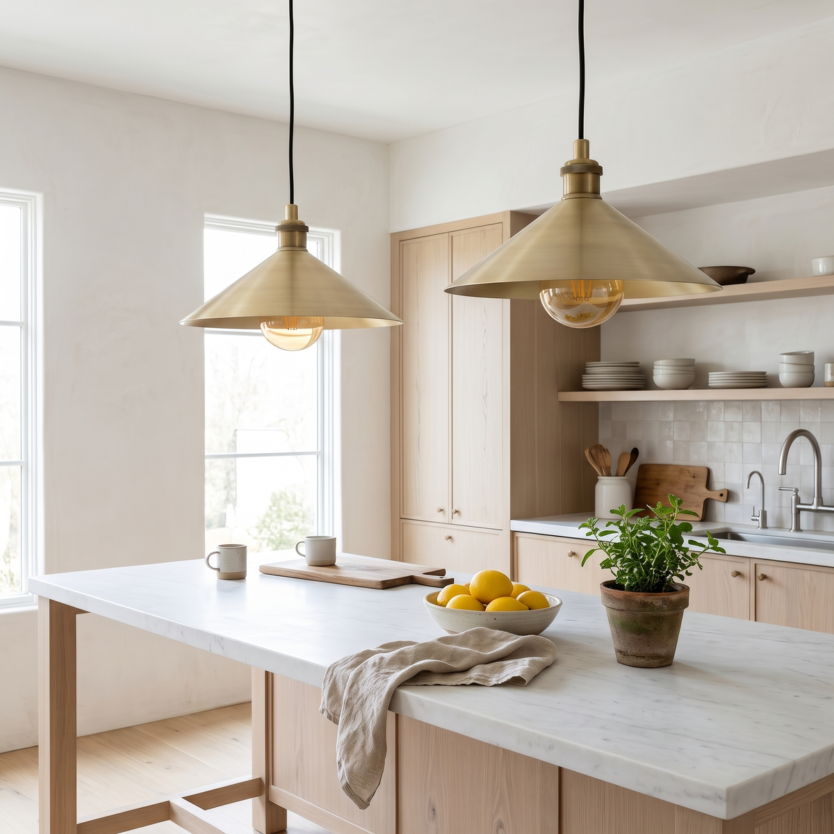 Two brushed brass cone pendant lights over a white marble kitchen island
