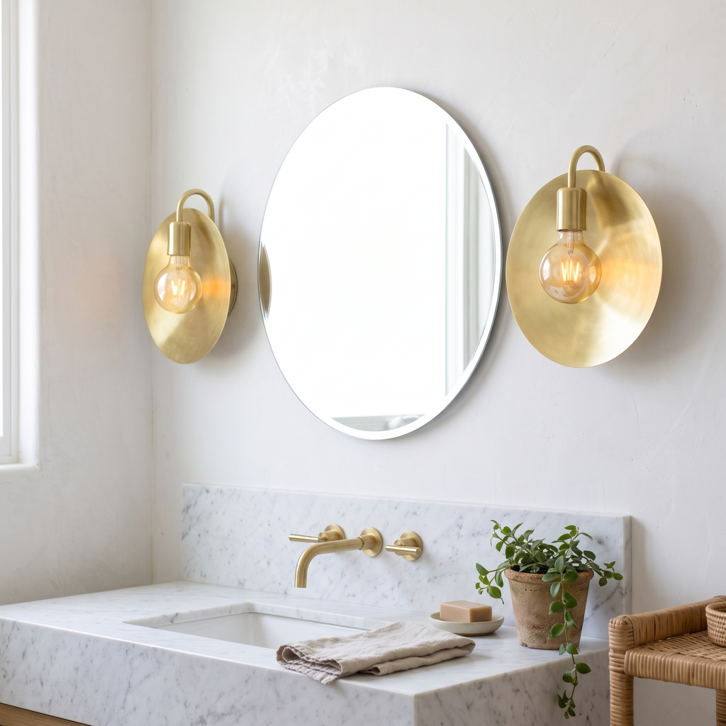 Pair of brushed brass dish wall sconces either side of a round bathroom mirror