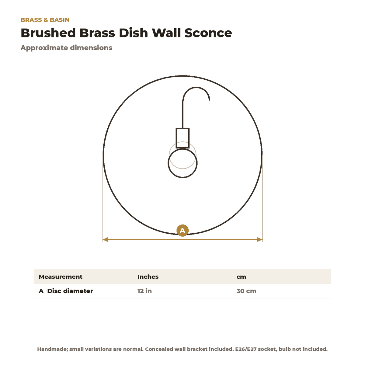 Dimension card for the brushed brass dish wall sconce, 12 in disc
