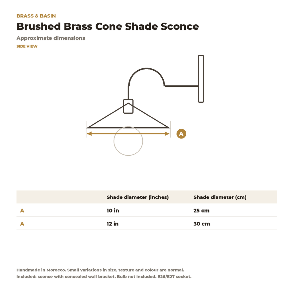Brushed brass cone shade sconce sizes, 10 and 12 in
