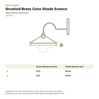 Brushed brass cone shade sconce sizes, 10 and 12 in