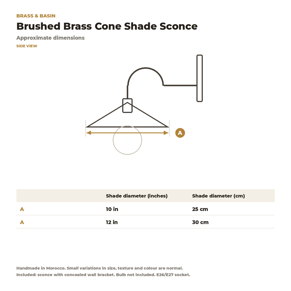 Brushed brass cone shade sconce sizes, 10 and 12 in