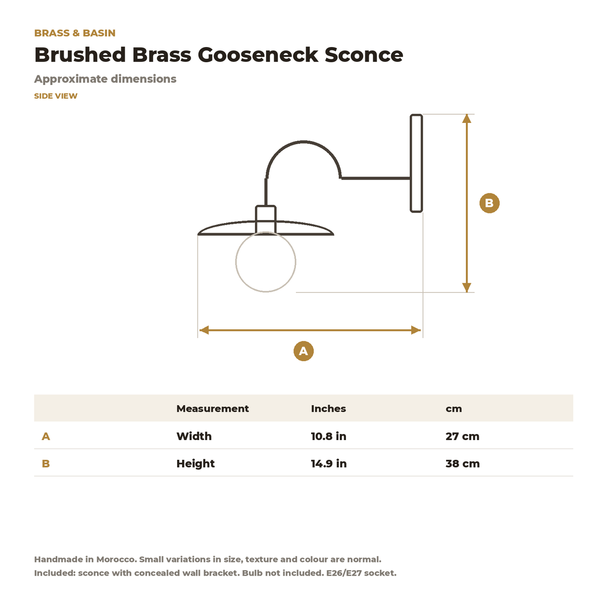 Brushed brass gooseneck sconce dimensions, about 15 x 11 in