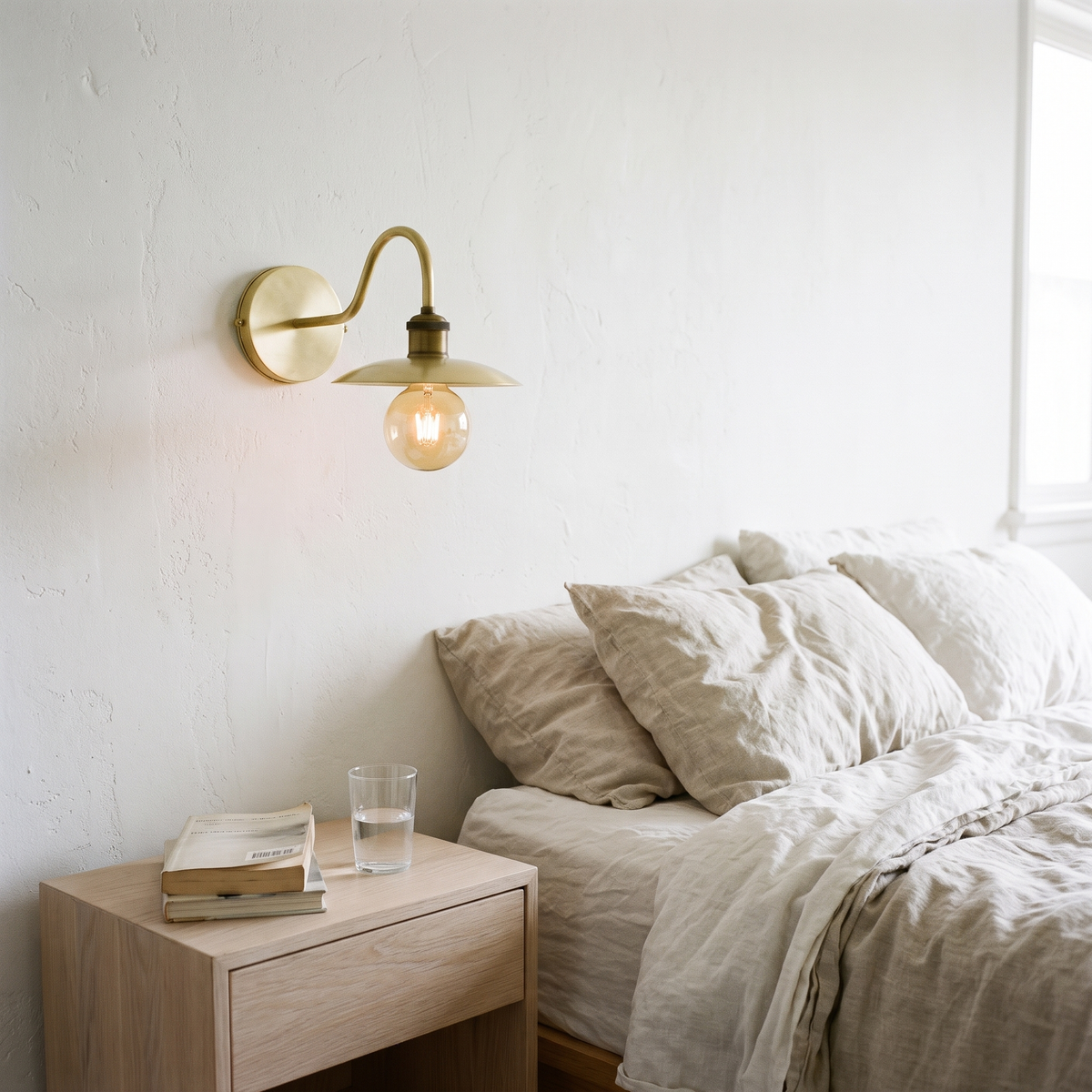 Brushed brass gooseneck wall sconce beside a linen bed