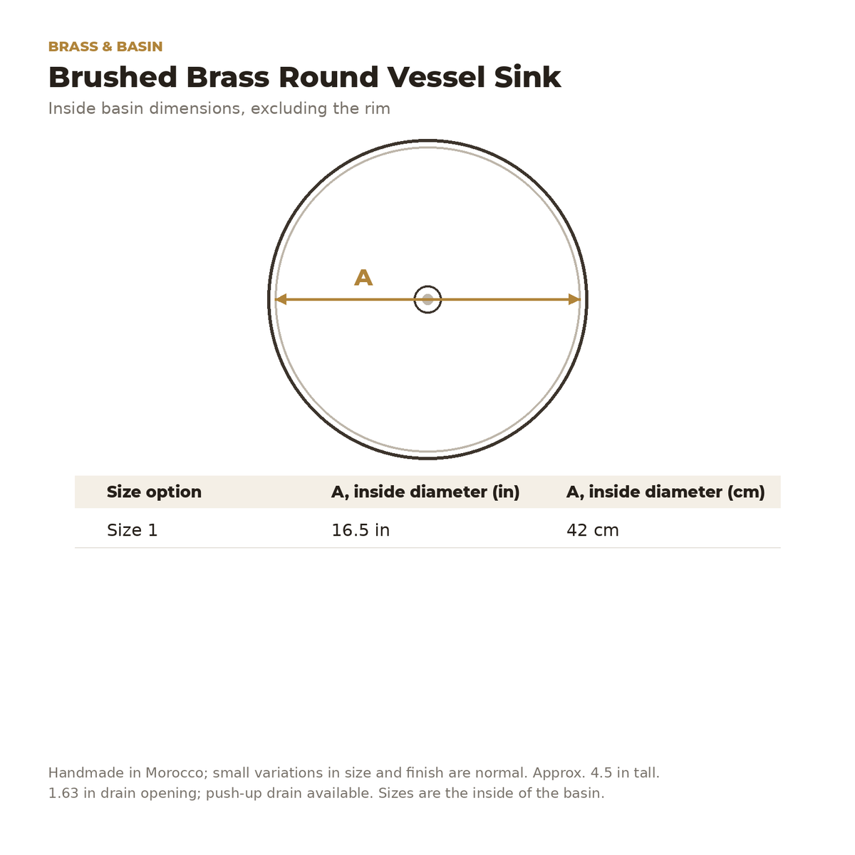 Inside diameter of the brushed brass round vessel sink
