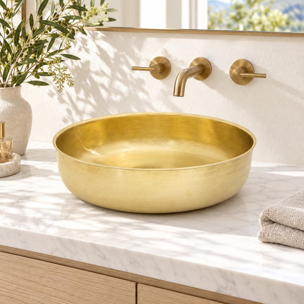 Brushed brass round vessel sink on a sunlit white marble bathroom vanity