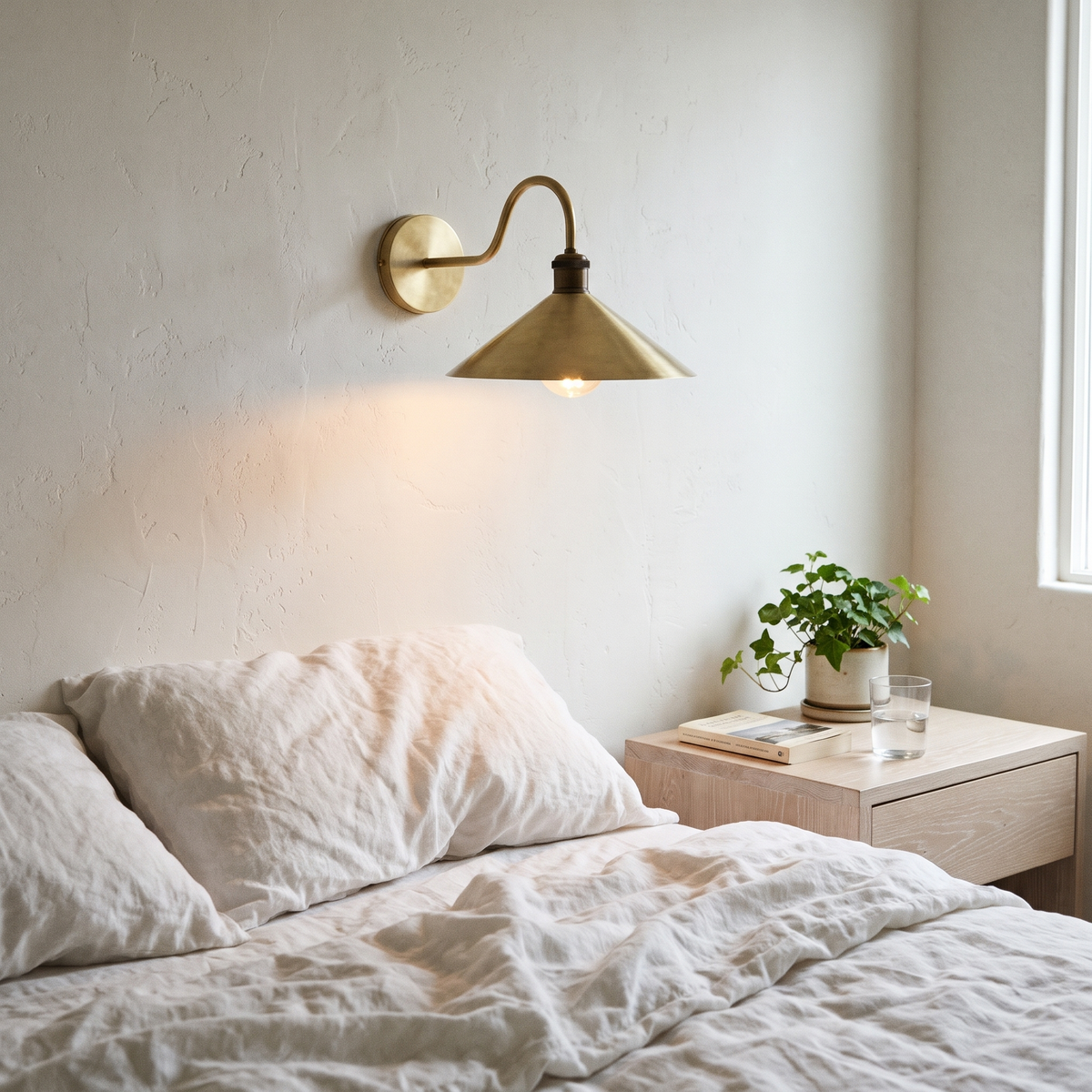 Brushed brass swan neck cone shade sconce beside a bed with linen bedding