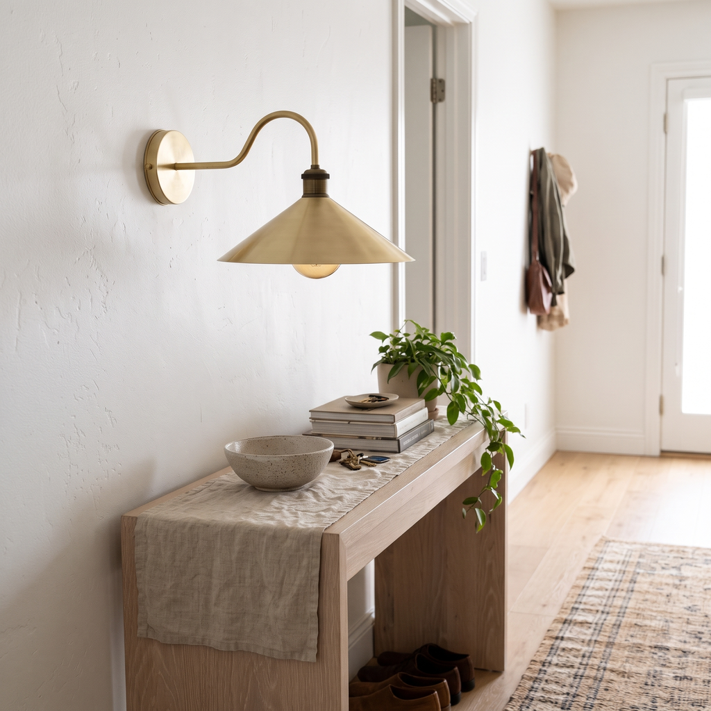 Brushed brass swan neck cone shade sconce above a white oak hallway console