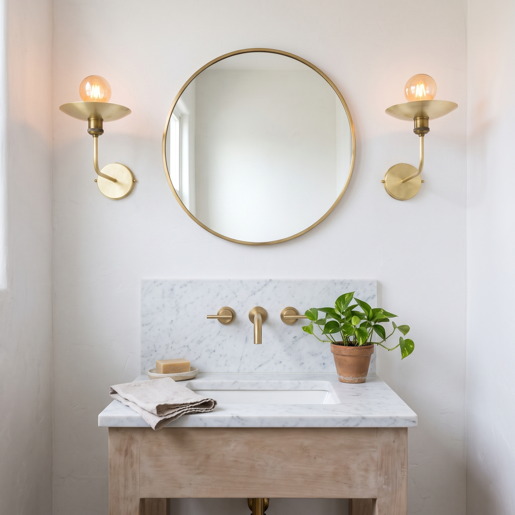 Pair of brushed brass uplight sconces either side of a round powder room mirror