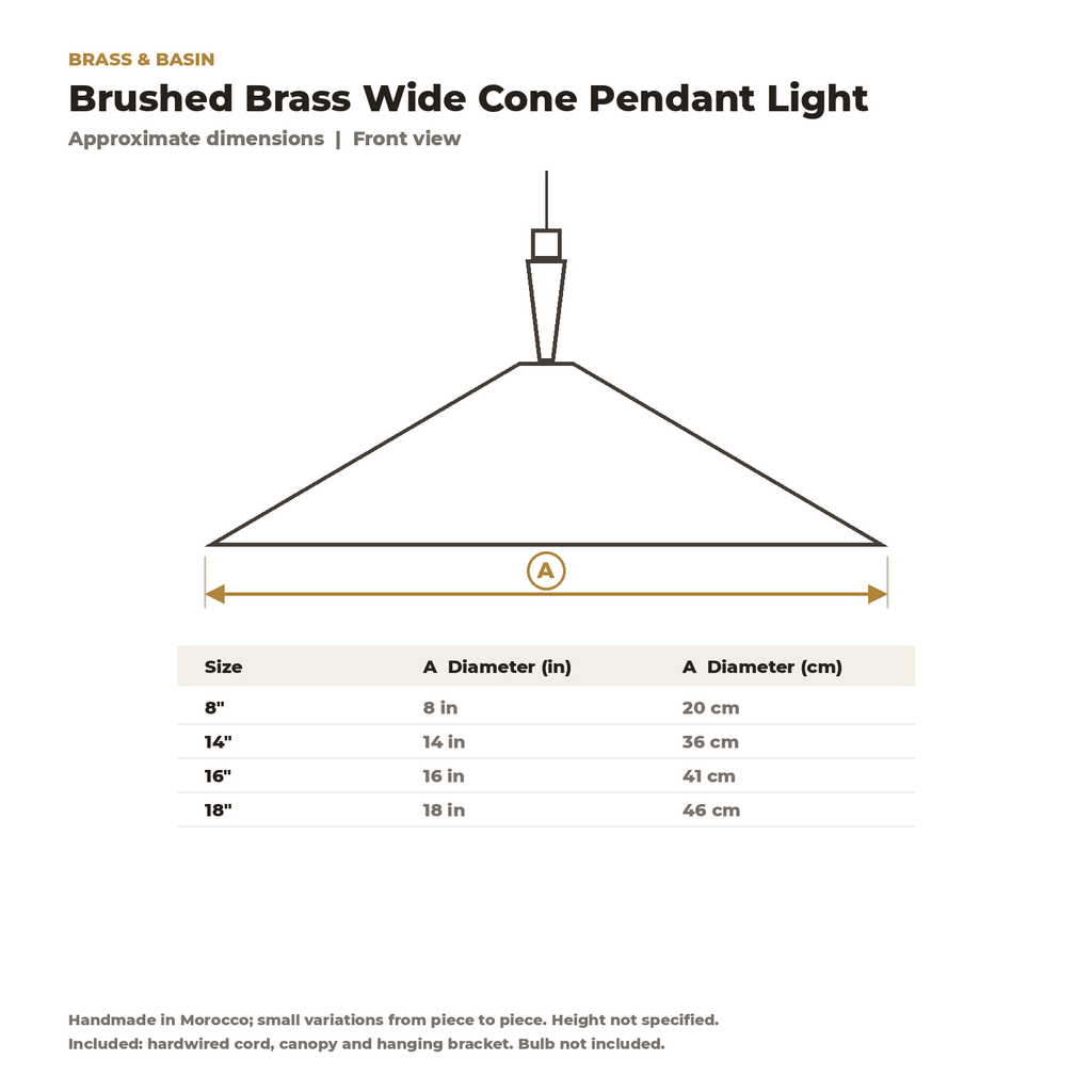 Dimension card for the brushed brass cone pendant, 8 to 18 in diameter