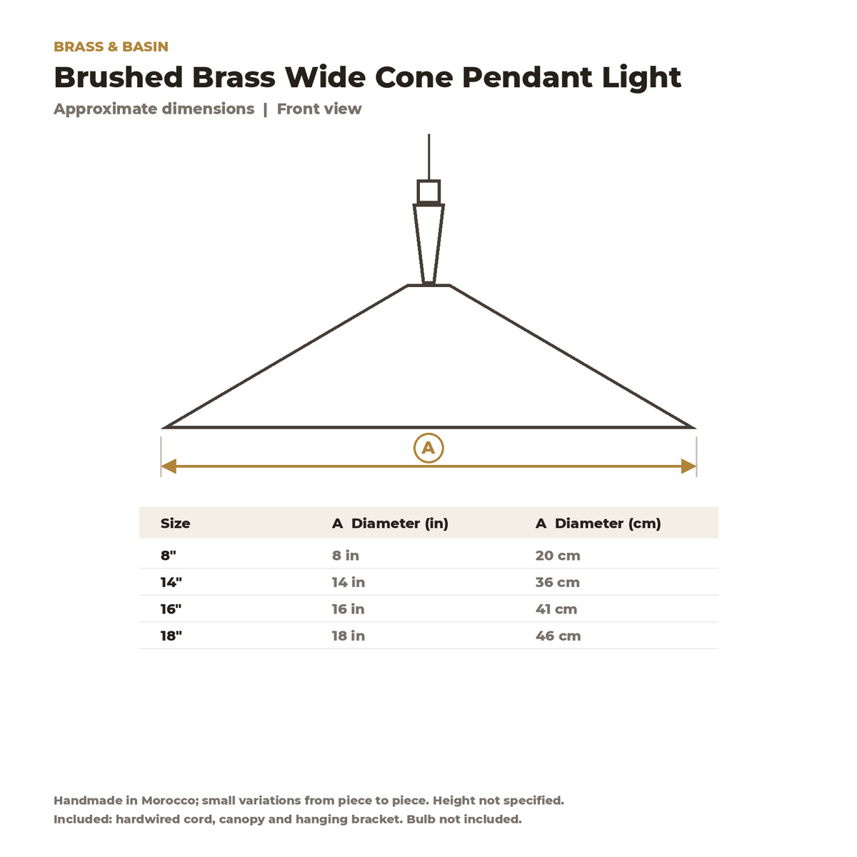 Dimension card for the brushed brass cone pendant, 8 to 18 in diameter