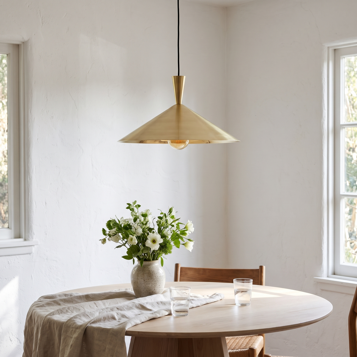 Brushed brass wide cone pendant over a round white oak dining table