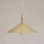 Brushed brass cone pendant with tall tapered neck on a light background