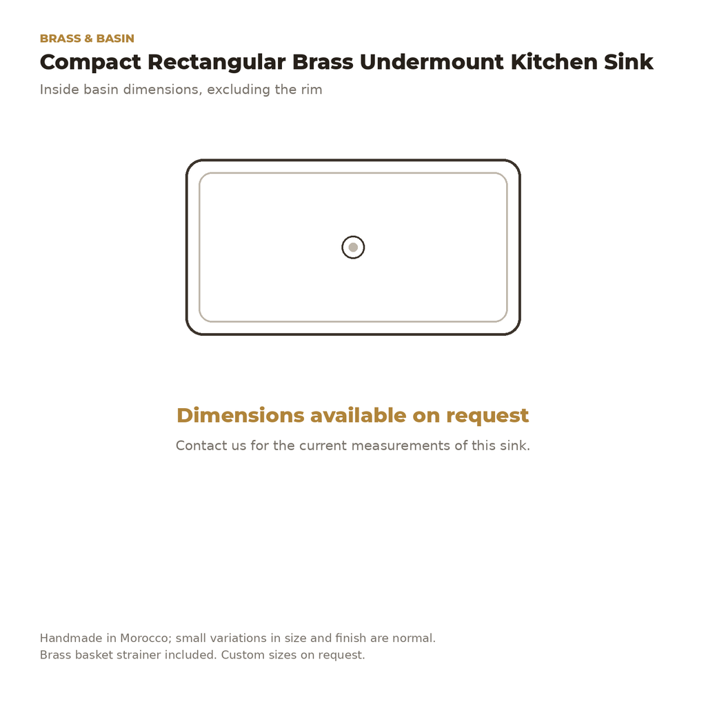 Top view of the compact rectangular brass undermount sink, dimensions on request