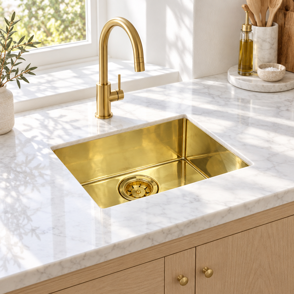 Bright California kitchen with a compact brass undermount sink