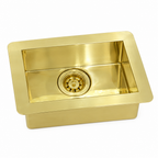 Compact rectangular brass undermount sink on a white background