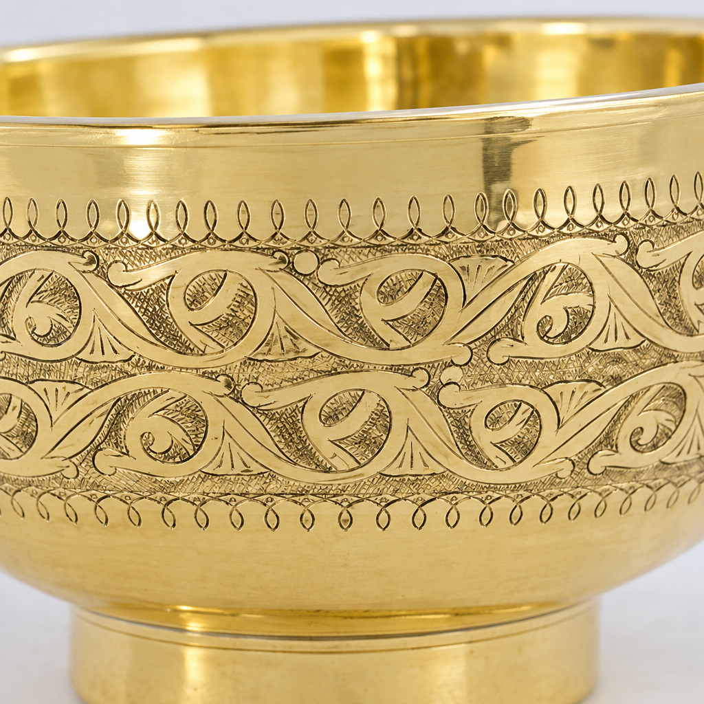 Close-up of the engraved brass pedestal vessel sink showing the finish