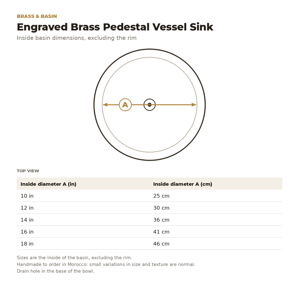 Engraved Brass Pedestal Vessel Sink inside basin dimensions drawing
