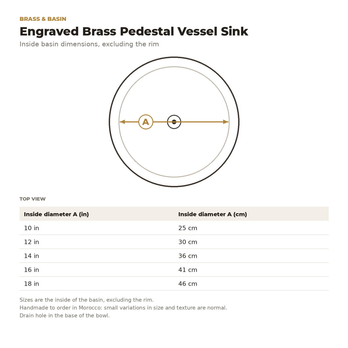 Engraved Brass Pedestal Vessel Sink inside basin dimensions drawing