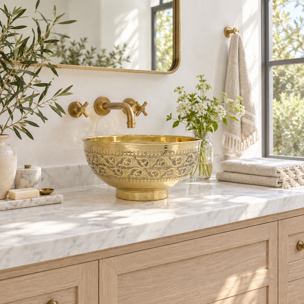 Engraved Brass Pedestal Vessel Sink in a bright, airy bathroom