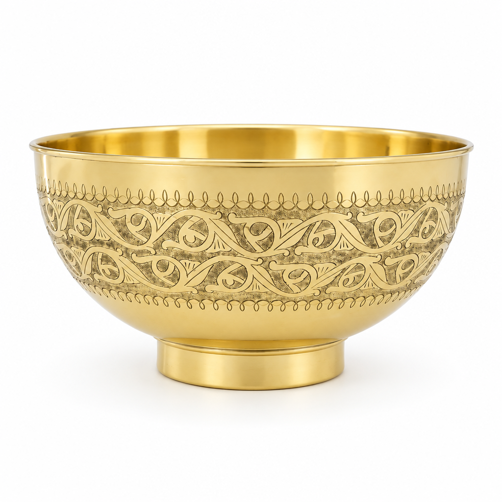 Engraved Brass Pedestal Vessel Sink on a white background