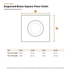 Engraved brass square floor drain dimension chart