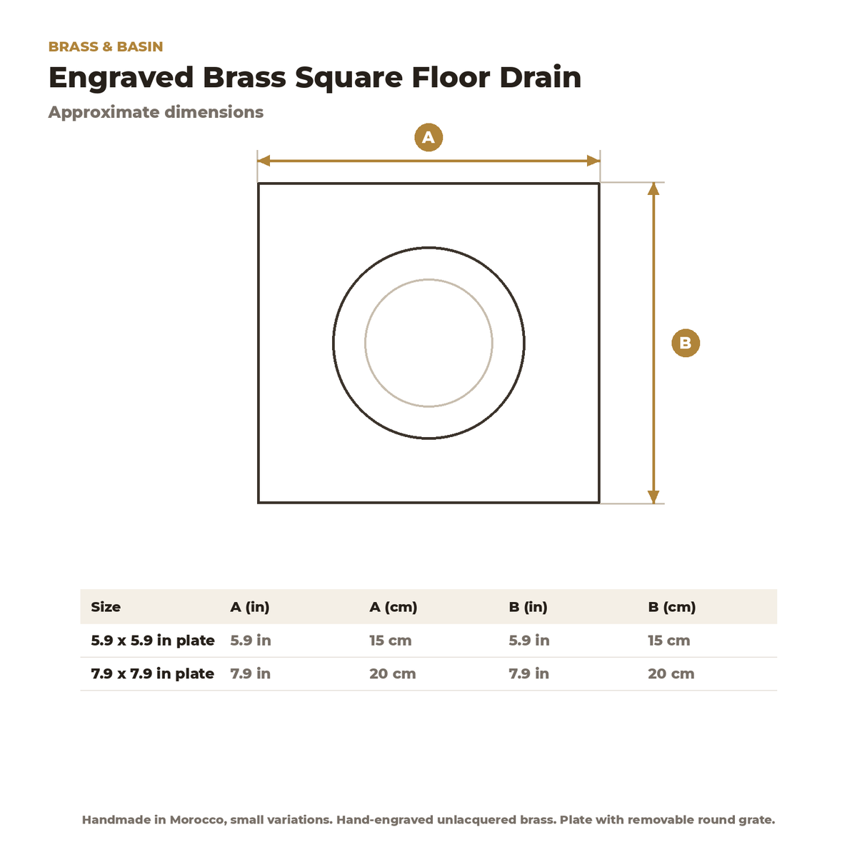 Engraved brass square floor drain dimension chart