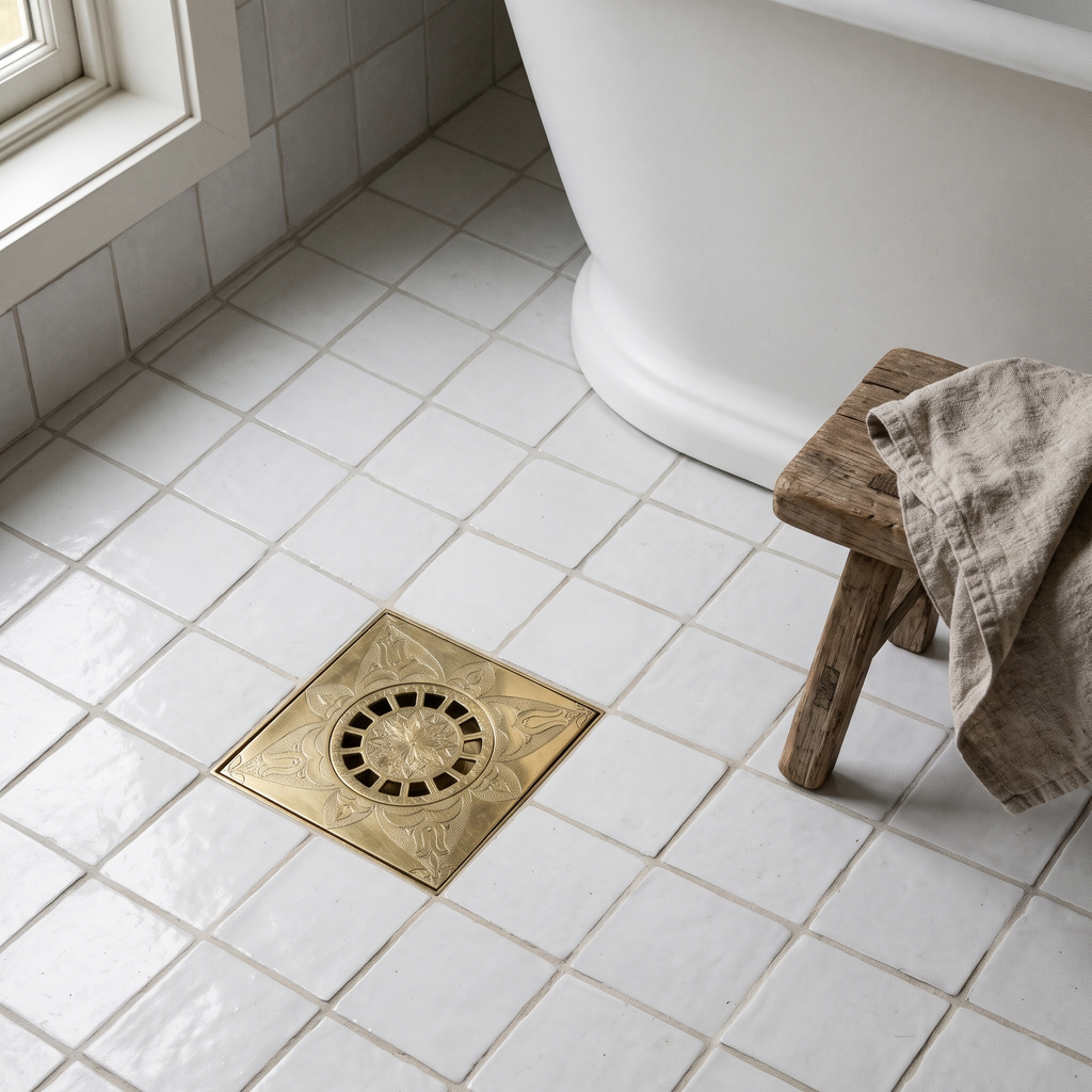 Engraved brass floor drain in a white tiled wet room near a bathtub