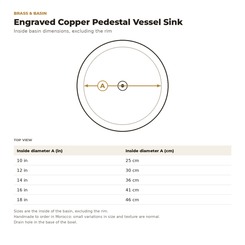 Engraved Copper Pedestal Vessel Sink inside basin dimensions drawing
