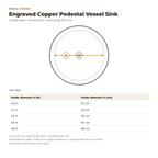 Engraved Copper Pedestal Vessel Sink inside basin dimensions drawing