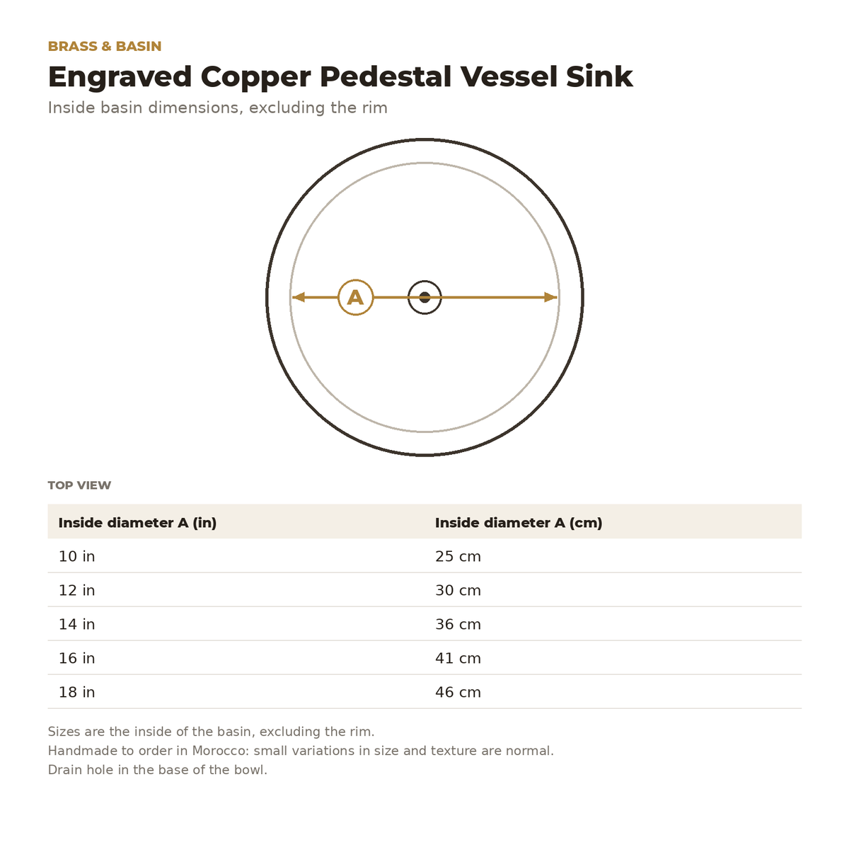 Engraved Copper Pedestal Vessel Sink inside basin dimensions drawing