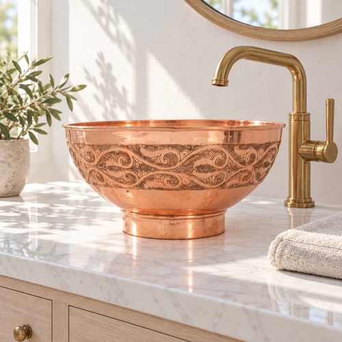 Engraved Copper Pedestal Vessel Sink installed in a bright bathroom