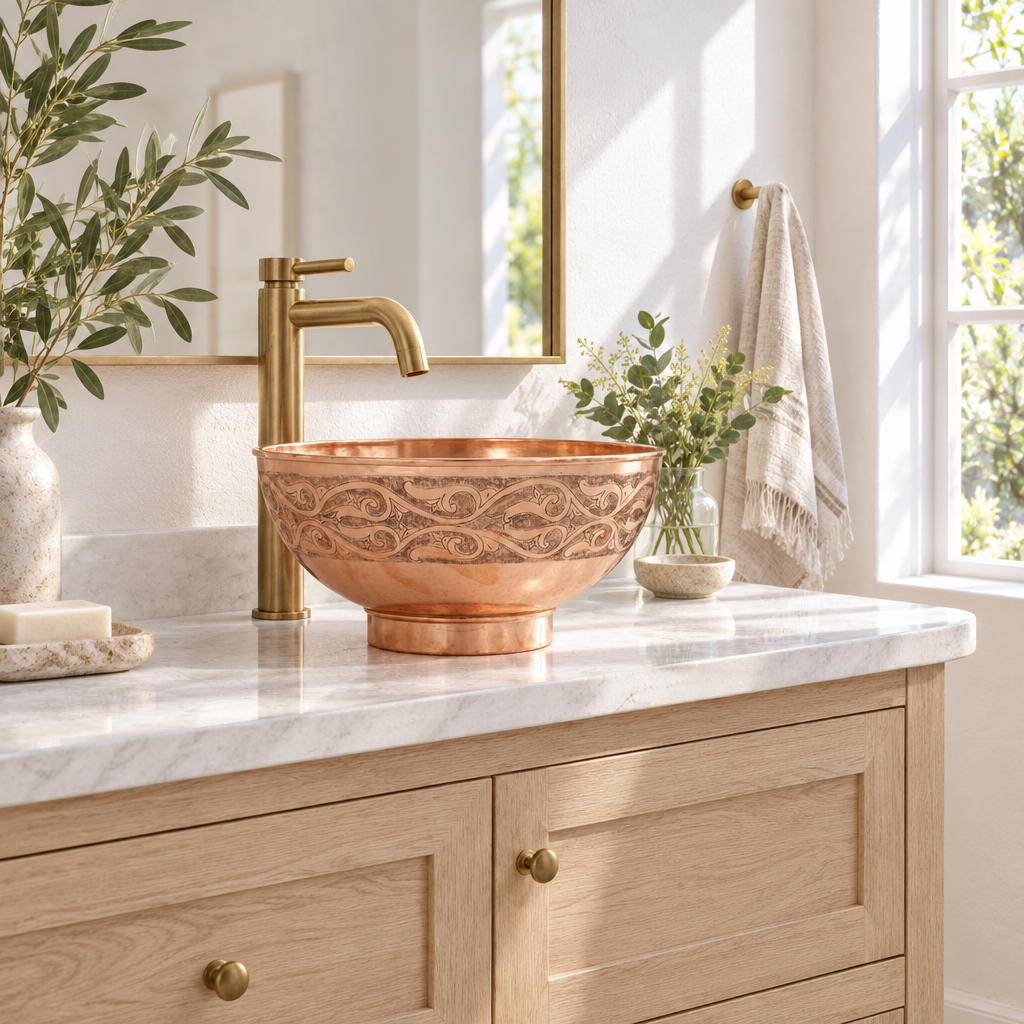 Engraved Copper Pedestal Vessel Sink in a bright, airy bathroom