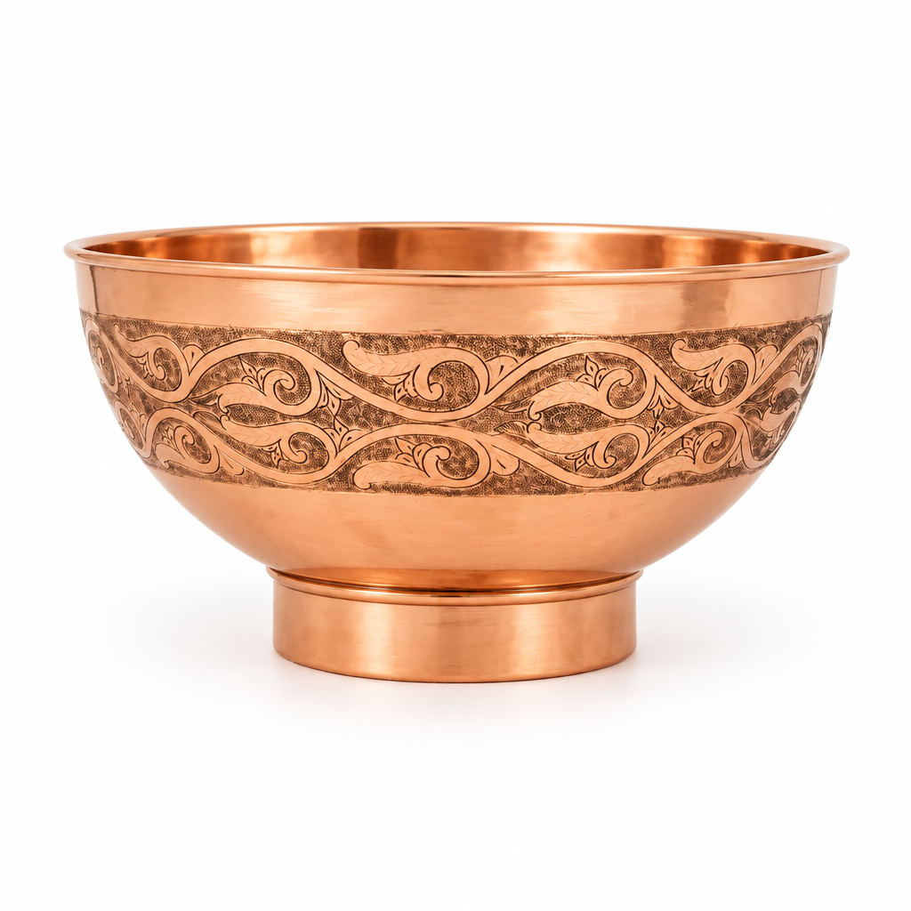 Engraved Copper Pedestal Vessel Sink on a white background