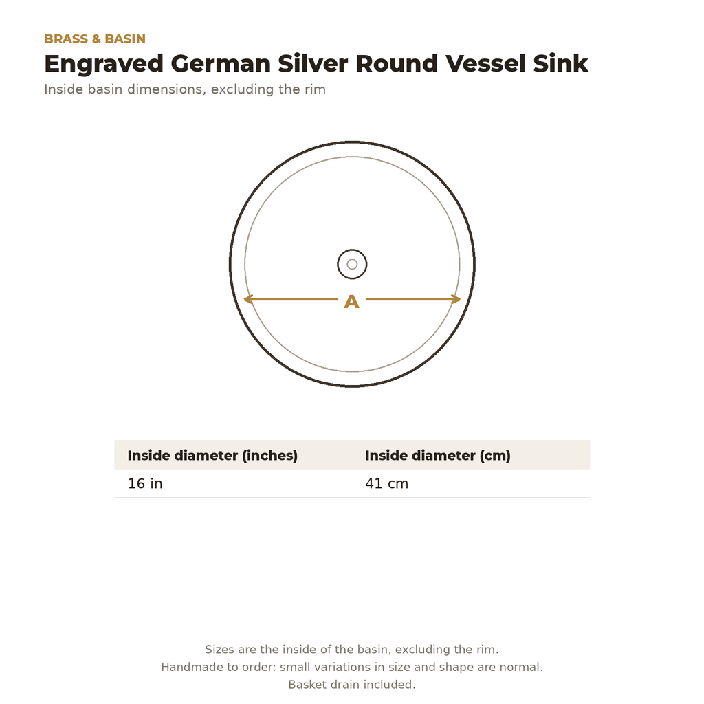 Engraved German silver round vessel sink dimensions drawing, 16 in inside diameter