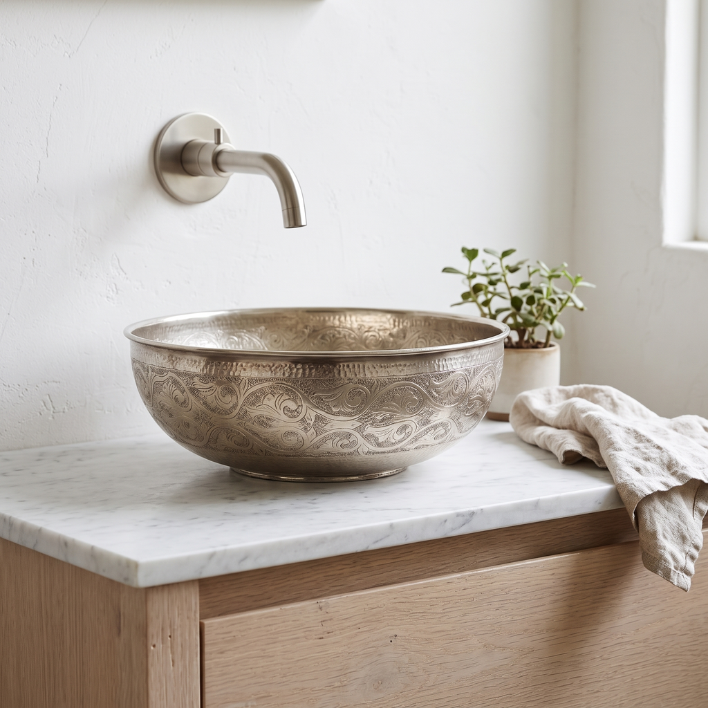 Engraved German silver vessel sink on a white oak vanity in a bright guest bathroom