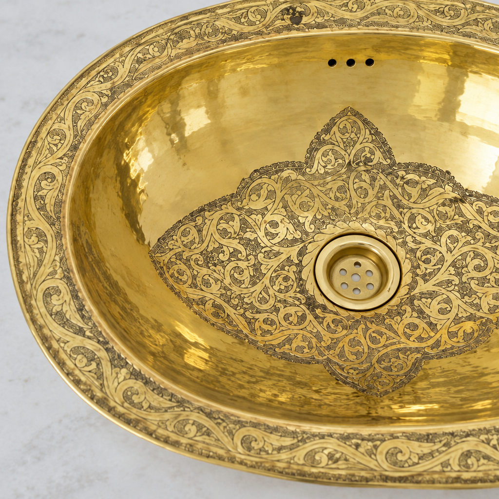 Close-up of the engraved floral rim and arabesque drain medallion