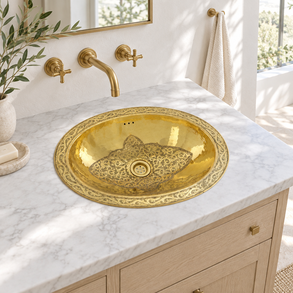 Bright California bathroom with an engraved oval brass drop-in sink