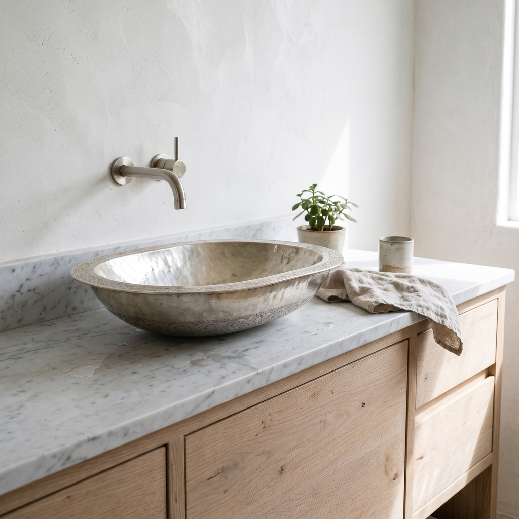 Engraved oval German silver vessel sink on a long white oak vanity in a bright bathroom