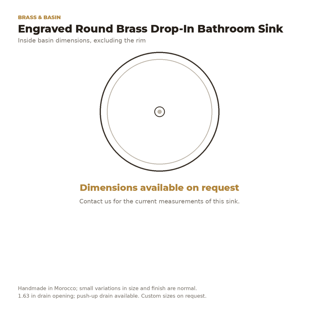 Top view of the engraved round brass drop-in sink, dimensions on request