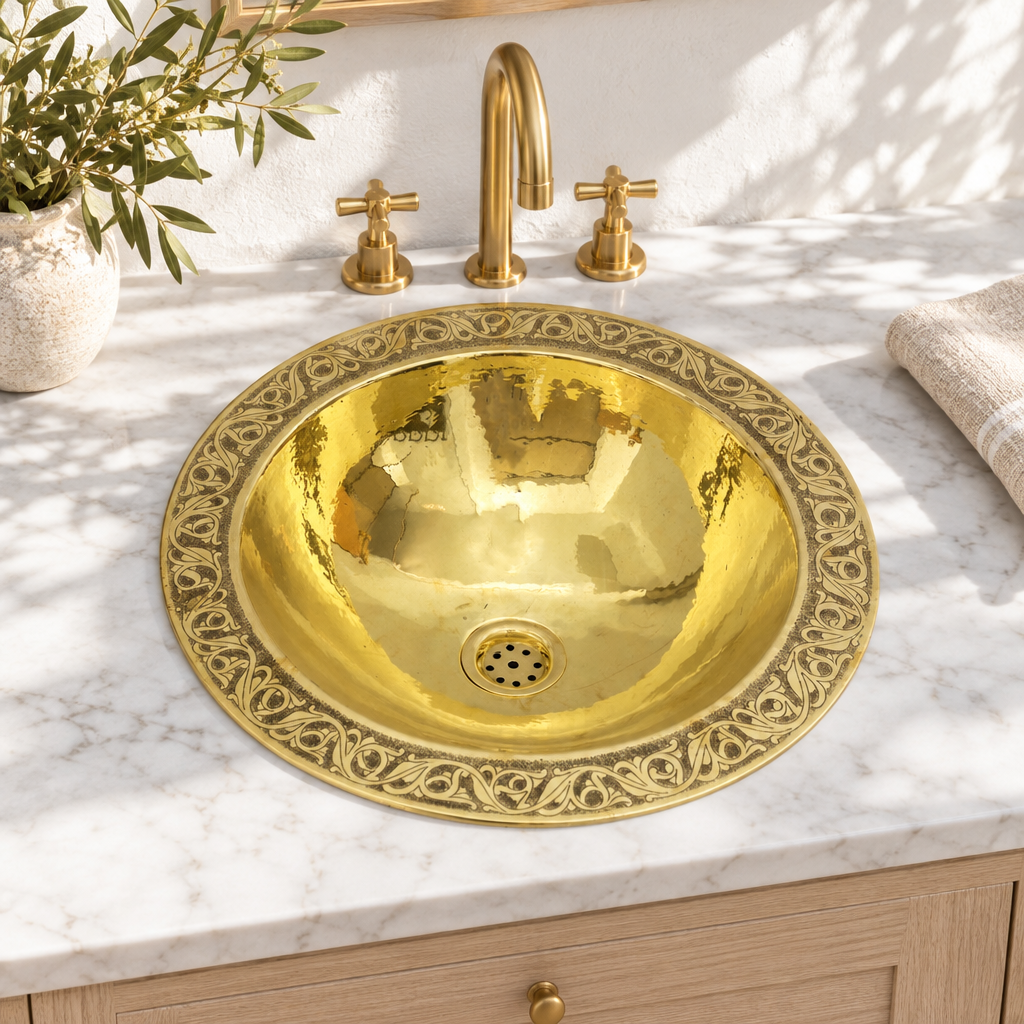 Engraved round brass drop-in sink in a sunlit white marble bathroom vanity
