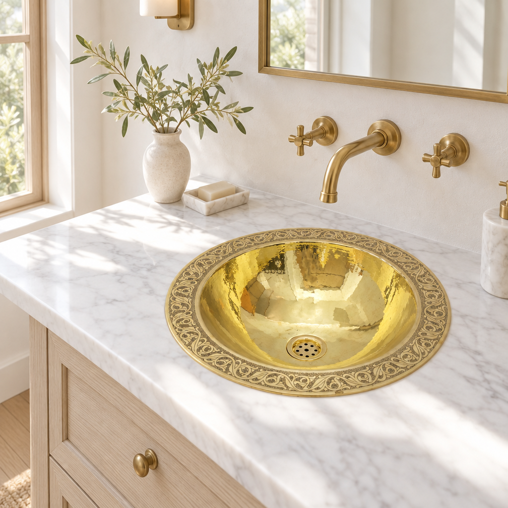 Bright California powder room with an engraved round brass drop-in sink